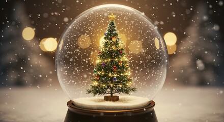 Christmas tree inside a snow globe with falling snow and bokeh lights behind it