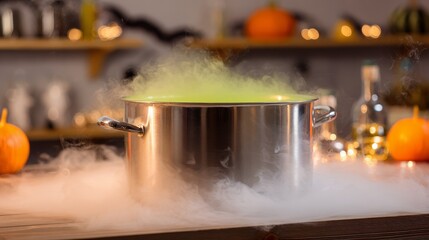 Obraz premium Reboiling benzylacetone in laboratory with Halloween theme, chemical flask on burner, vapor rising, spooky science concept, dark moody background, realistic reflections.