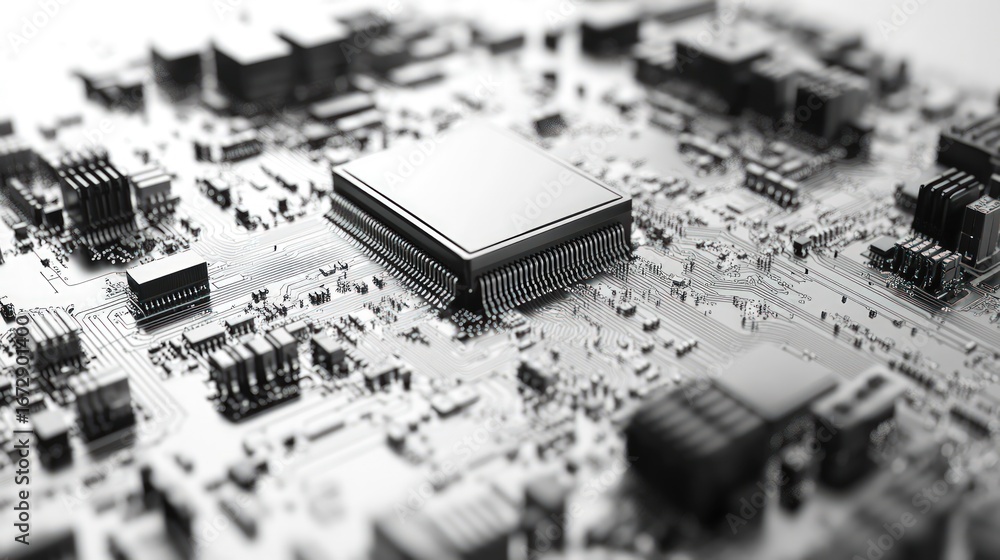 Fototapete close-up view of a circuit board with a central processor chip. grey and black components are detail