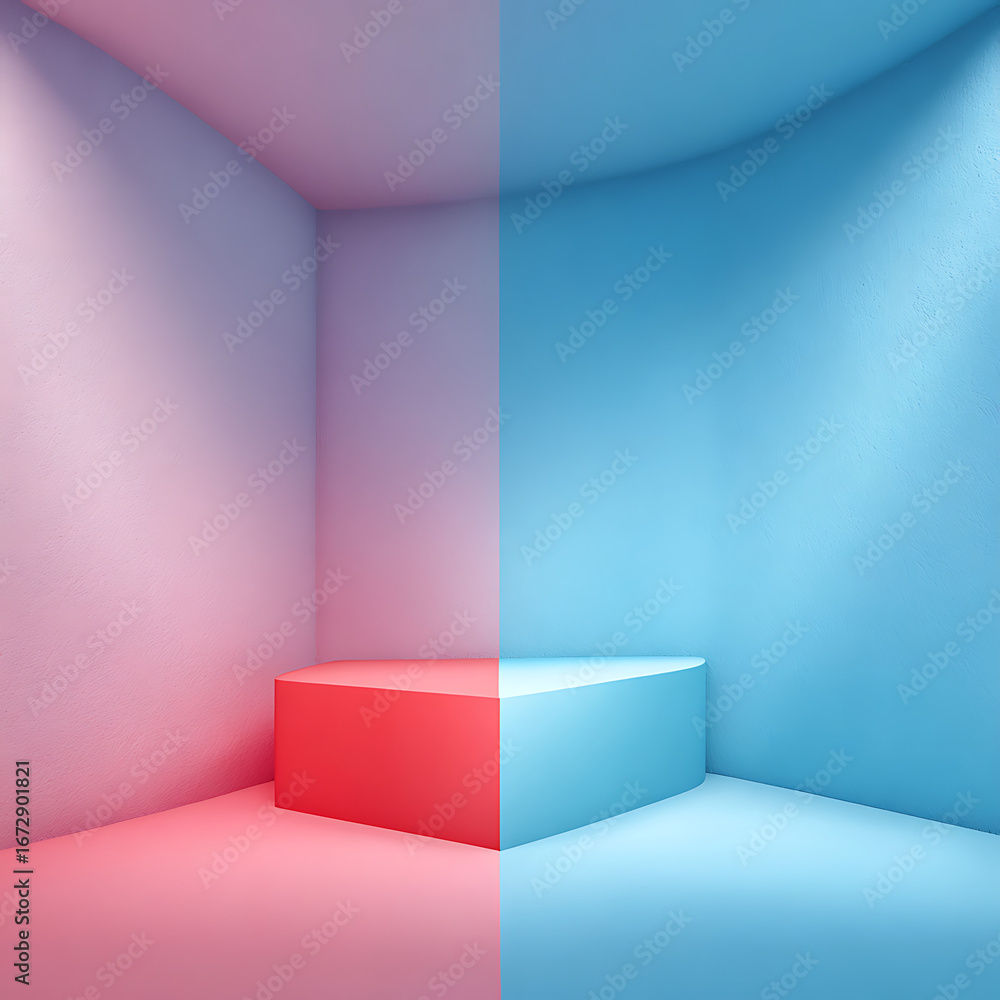 Poster a split-screen abstract scene with a pink room on the left and a blue room on the right, featuring a