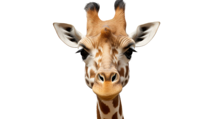 a close up of a giraffe face on white background