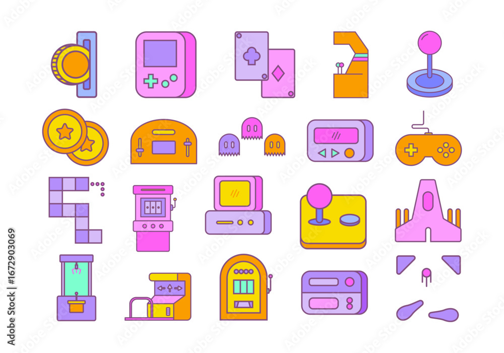 Poster retro wave arcade element set