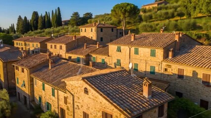 Aerial view of a Tuscan village with stone houses, red tile roofs, and green shutters at sunset - Powered by Adobe