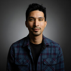 Obraz premium Portrait of a man with a beard wearing a plaid shirt against a dark background