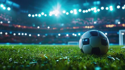 Naklejka premium 3D render of open air football empty stadium with single ball on grass, neon illumination and blurred tribunes with fans. Evening game. Concept of professional sport, tournament, game, championship
