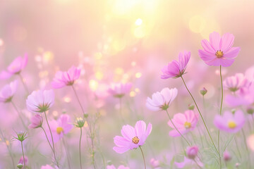 柔らかな光に包まれたピンクのコスモス畑