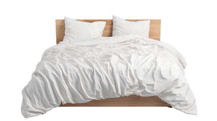 cozy white bed plush comforter and two pillows on white background