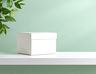 A pristine white box rests elegantly atop a polished wooden table, its smooth surface reflecting soft light, creating a serene and minimalist atmosphere.