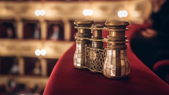 Antique Opera Glasses on Red Velvet Seat in a Grand Theater, Audience in Background