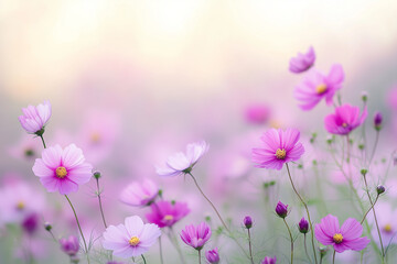 柔らかな光に包まれたピンクのコスモス畑