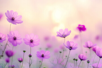 柔らかな光に包まれたピンクのコスモス畑