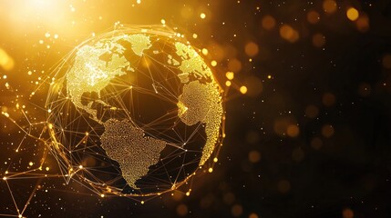 Abstract golden planet earth. World map. Space view. Low poly style design. Geometric background. Wireframe light connection sphere structure. Modern 3d graphic concept
