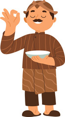 Man Wearing Traditional Outfit Holding Bowl With Happy Gesture Illustration