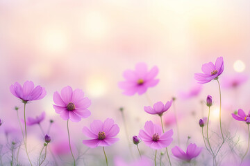 柔らかな光に包まれたピンクのコスモス畑