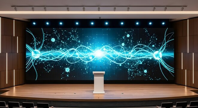 An illuminated stage with a digital datile projection and a lectern, ideal for presentations and events - Powered by Adobe