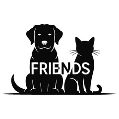 Black silhouettes of cat and dog sitting back to back isolated on white background, flat vector illustration symbol of pets, companionship, contrast and animal themes in minimal clean style