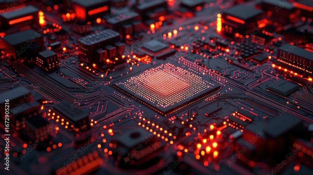 Poster illuminated circuit board with a central processor chip
