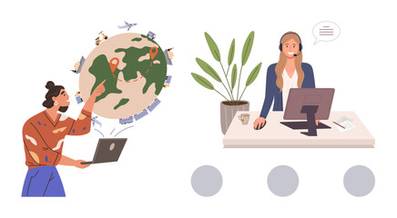 Woman pointing at a world map with laptop, teammate at a desk on headset. Ideal for teamwork, communication, globalization, customer support, remote work, education digital interaction. Simple flat
