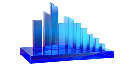 glossy 3d bar chart rising steadily in dark blue gradient color on white background 
