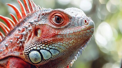 Fototapeta premium Red iguana head and spikes, closeup head of iguana, animal closeup