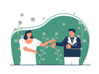 Fototapeta premium Romantic couple characters at wedding photo. Wedding illustration. Flat vector illustration.