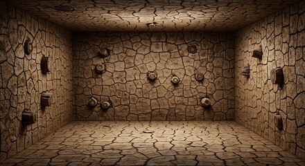 Empty square room with cracked dry oak texture oak stumps on wall