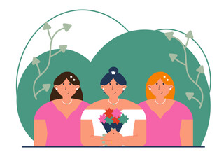 Happy bride with bridesmaids enters the wedding venue elegantly. Wedding illustration. Flat vector illustration.