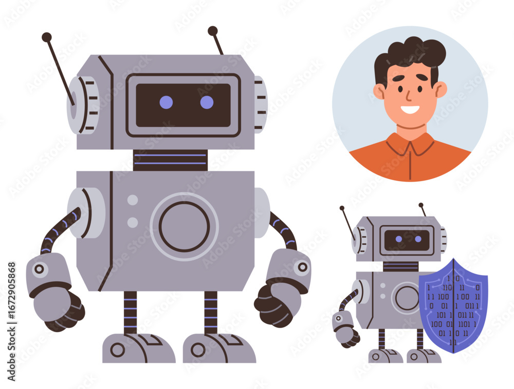 Poster friendly robot, security shield with binary code, and smiling male avatar. ideal for cybersecurity, 