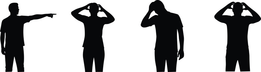 Man silhouette, stress and frustration, pointing finger, thinking worried pose, depressed person, mental health problem, anxiety, emotion expression vector illustration