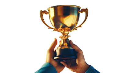 hand holding bright shining big gold trophy cup on white background