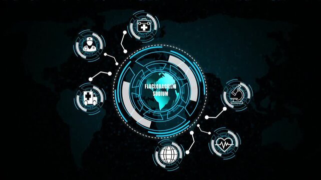  HUD animation Hologram Medicine Ingredient flucloxacillin sodium   on world map  background  