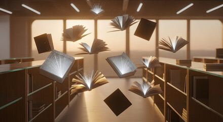 Animated library scene features floating books with illuminated pages against a sunset backdrop.