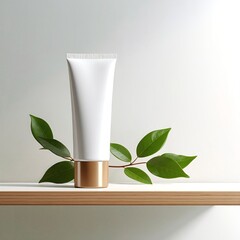 A sleek white tube stands upright, adorned with vibrant green leaves sprouting from its top, creating a fresh and natural aesthetic.