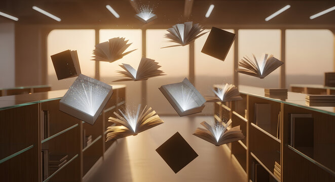 Animated library scene features floating books with illuminated pages against a sunset backdrop. - Powered by Adobe