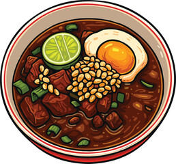 Traditional Indonesian rawon beef soup vector, rich black broth with rice, egg, and sambal.