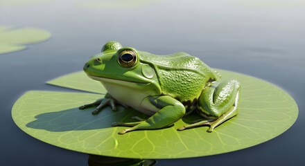 Obraz premium Detailed close-up of a vibrant green frog resting serenely on a floating lily pad in a tranquil pond