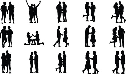 Silhouette couples, romantic poses, love relationship vector illustration, man and woman together, people shadow, dating concept, friendship, happy lifestyle design