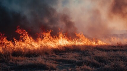 Intense wildfire blazing through dry grassland with thick smoke clouds