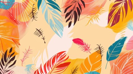 Fototapeta premium Simple Flat Printing Background: Soft Pink Feather with Colorful Flower & Isolated Bird Illustration