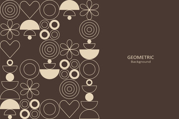 Geometric floral with beige line art on a brown background, featuring abstract shapes, hearts, and circles with copy space, perfect for minimalist design themes