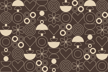 Geometric pattern featuring abstract floral shapes, hearts, and circles with beige line art on a brown background, perfect for minimalist design themes