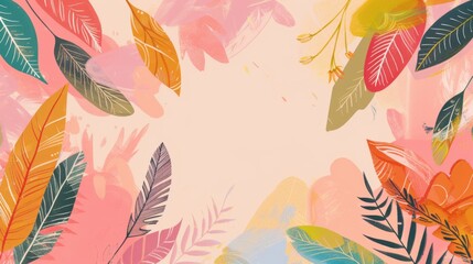 Fototapeta premium Simple Flat Printing Background: Soft Pink Feather with Colorful Flower & Isolated Bird Illustration