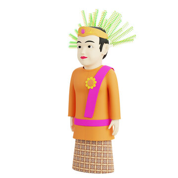 3D model of female Ondel-ondel Betawi with white face, crown, orange attire, pink sash, front view, symbolizing Jakarta tradition and folklore.