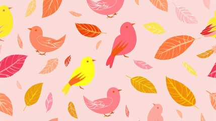 Simple Flat Printing Background: Soft Pink Feather with Colorful Flower & Isolated Bird Illustration