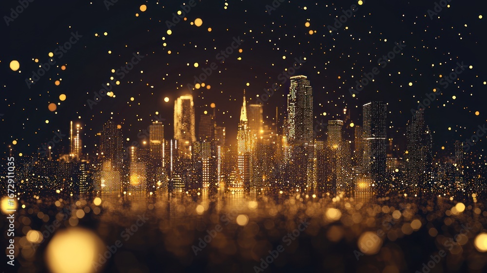 Poster low poly illustration of the metropolis with a golden dust effect. sparkle stardust. glittering vect