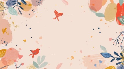 Fototapeta premium Simple Flat Printing Background: Soft Pink Feather with Colorful Flower & Isolated Bird Illustration
