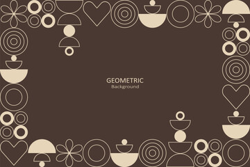 Geometric floral with beige line art on a brown background, featuring abstract shapes, hearts, and circles with copy space, perfect for minimalist design themes