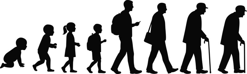 Silhouette illustration showing human life cycle from baby crawling to elderly with cane, growth stages, aging process, family evolution concept