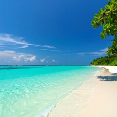 Fototapeta premium Idyllic tropical beach scene; white sand, turquoise water, lush greenery