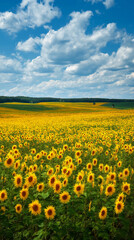 Obraz premium Summer Sunflower Field Panorama in Agriculture Land